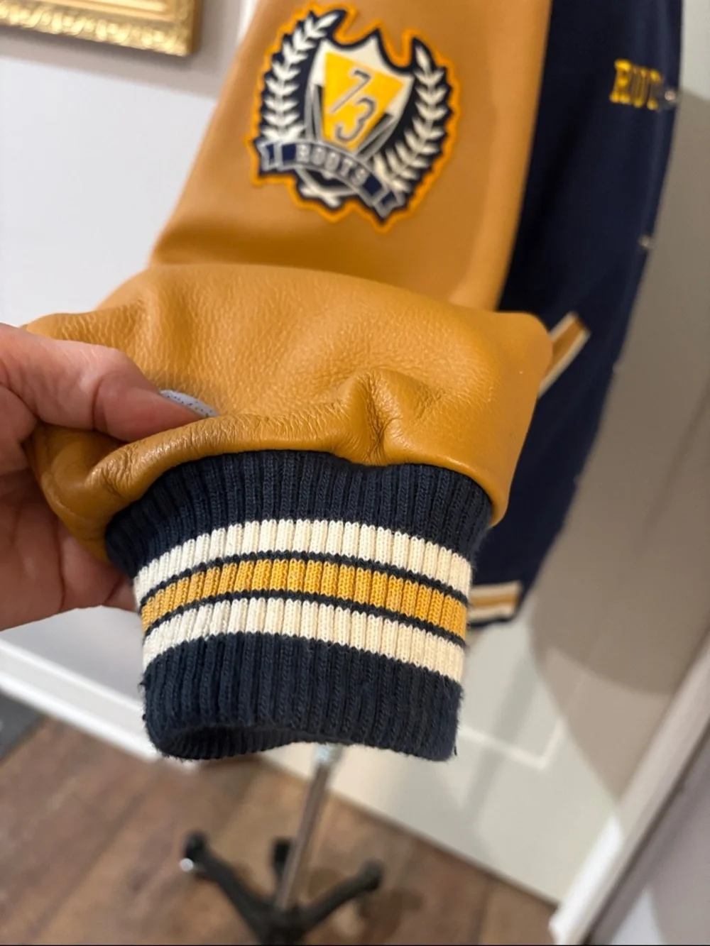 Roots Navy and Mustard Letterman Jacket  leather sleeves. - Picture 9 of 11